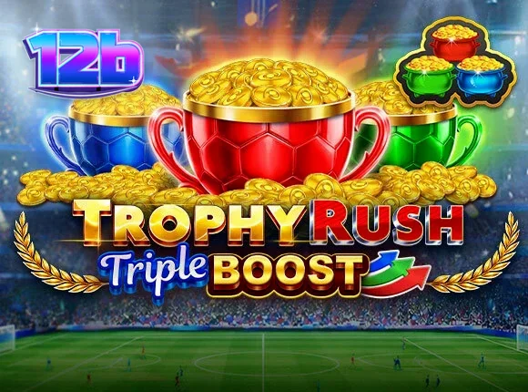Giao diện trò chơi slot Trophy Rush Triple Boost với các biểu tượng đồng xu vàng
